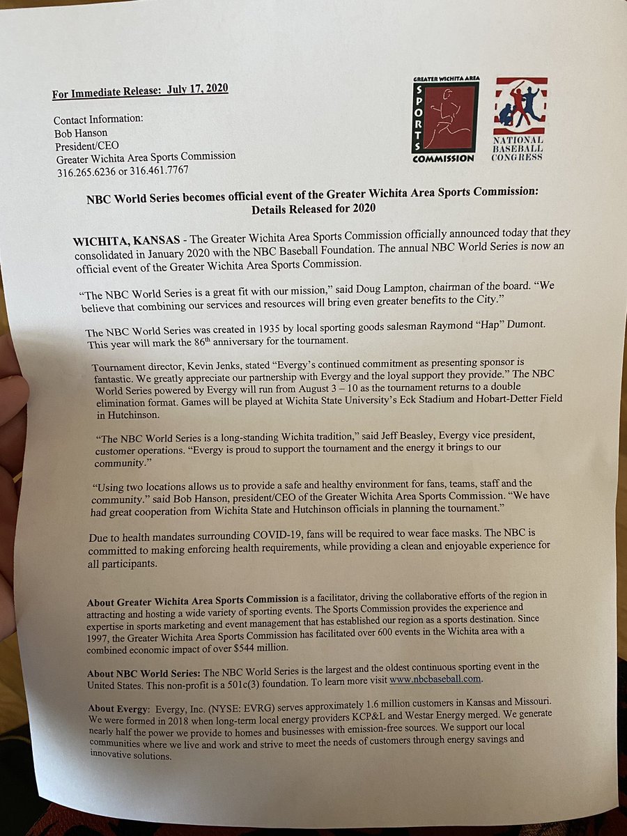 KrystleSSteed's tweet photo. #BREAKING: Face masks will be required at this year’s @NBCWorldSeries which will be played in two locations, @WichitaState’s Eck Stadium and Hobart-Detter Field in Hutchinson. @KSNNews https://t.co/w40JKfdVP8