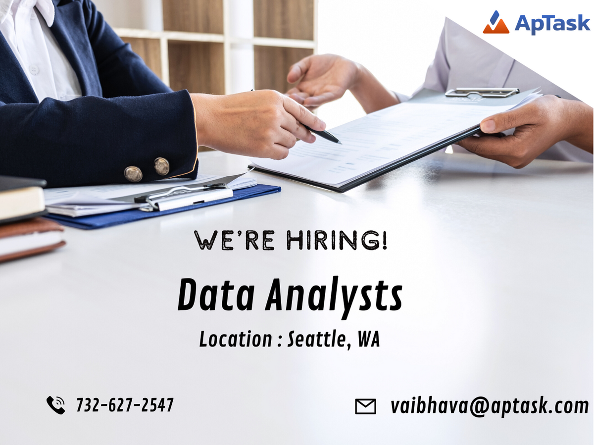 MyApTask's tweet photo. One of our clients based in Seattle, WA is looking for a: Data Analyst.
For more information log on to https://t.co/4SJGjTyQEI or call us at 732-627-2547
#ApTask #Dataanalyst #JIRA #Versionone #Confluence #Datavisualization #ComputerEngineering https://t.co/V6xJymN0Pw
