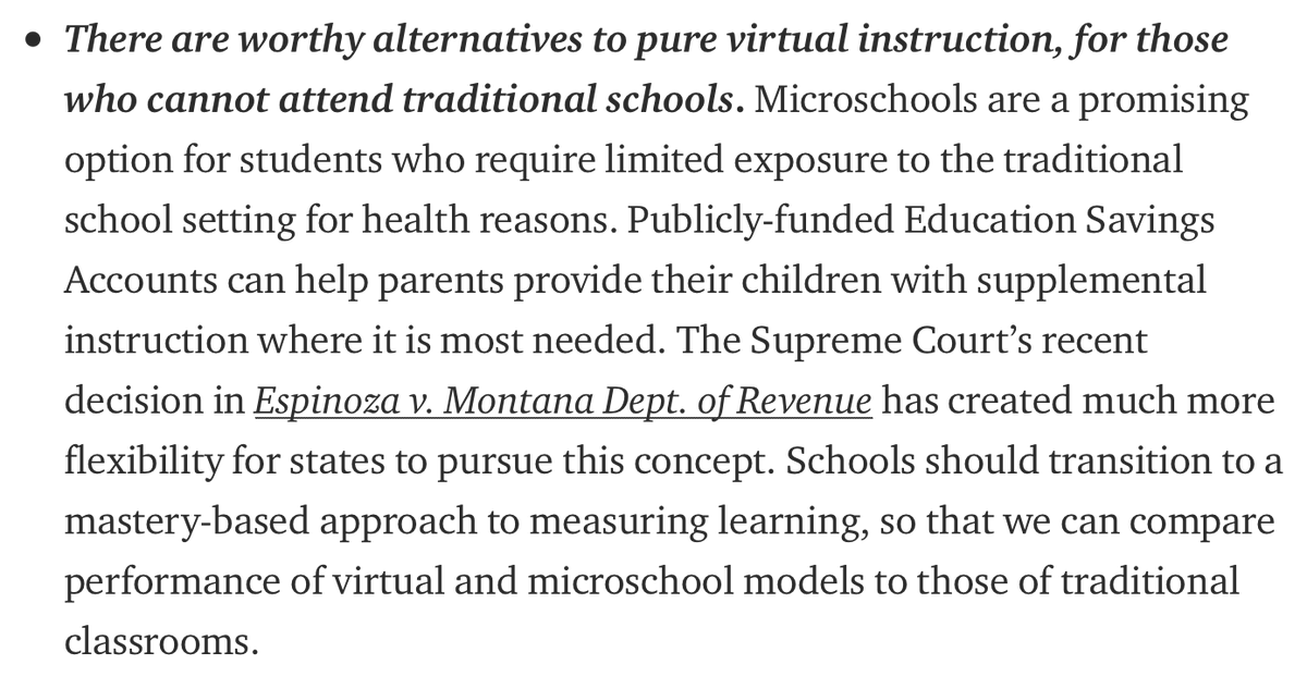 That doesn't mean we go back to pre-pandemic normalcy. We'll have to protect teachers and staff from infecting each other, just as in any other workplace, and provide virtual and microschool opportunities to students who can't attend traditional schools.  https://freopp.org/reopening-americas-schools-and-colleges-during-covid-19-bdb35e3e32c4