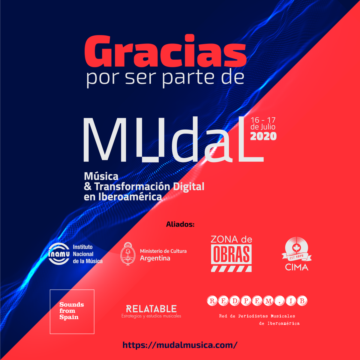 Cerramos #MUdaL 🎶

Gracias a todas y todos los que se han conectado, a los panelistas, aliados y asociados por su apoyo. 🙌

Dejamos ya sembradas una serie de ideas y caminos por seguir para la transformación de la música iberoamericana. 

Que siga la #MúsicaEnTransformación