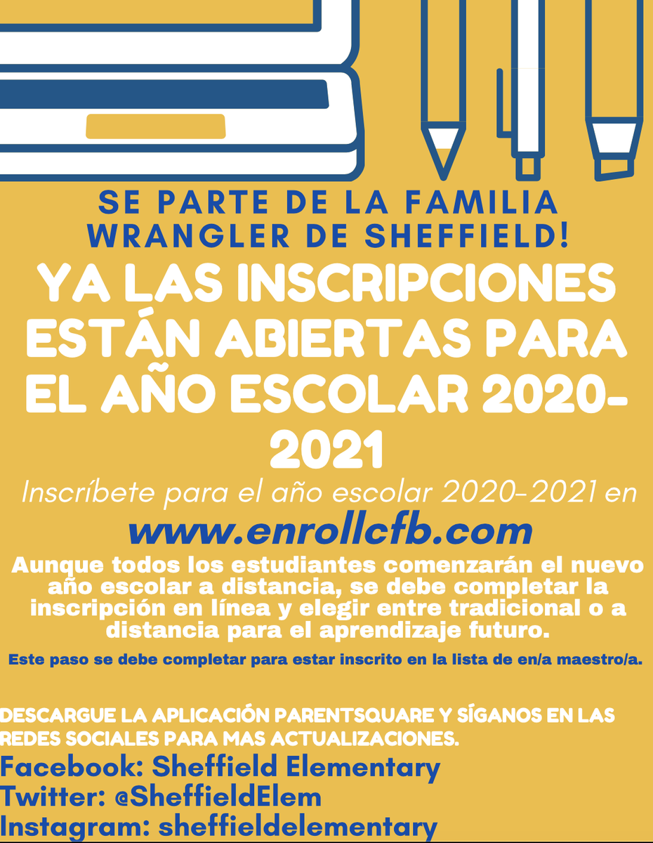 SheffieldElem's tweet photo. Parents,
It's time to register your student for the 2020-2021 school year! Remember to enroll at https://t.co/8skFR8eh7I and choose Remote Learning or Traditional Learning for future learning. This must be completed for your student to be on a teacher's roster. #cfbisd https://t.co/ak4bqqq3KP