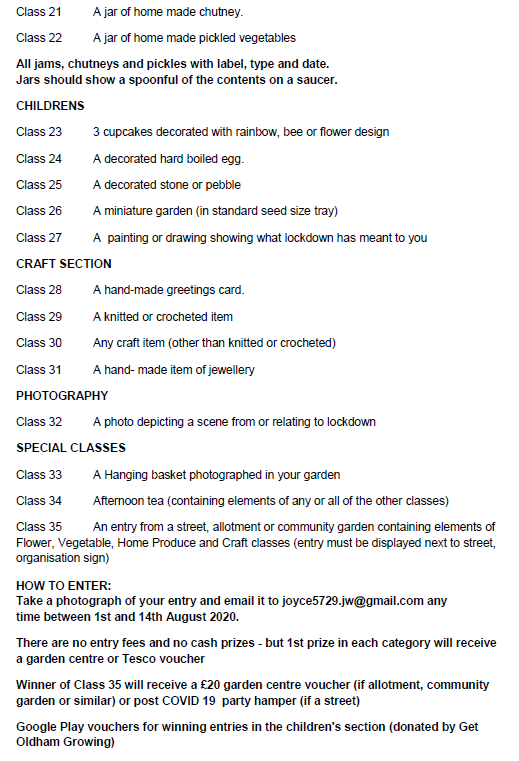 Unfortunately the annual Flower and Vegetable Show at <a href="/CommSholver/">SholverMoorsideCommTeam</a> will not be held at the community centre but WILL run as a VIRTUAL show!

Please email a photo of your flower / veg entry to joyce5729.jw@gmail.com between 1st and 14th August.

Click photos for further details!