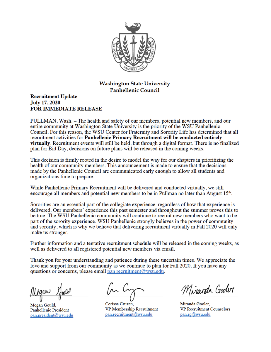 WSUPanhellenic's tweet image. We’re going virtual! 🤩

While recruitment might not look the same as it has in the past, we are excited for the opportunity to allow PNMs to have a sorority experience while still prioritizing the health and safety of our members, potential new members, and our entire community.