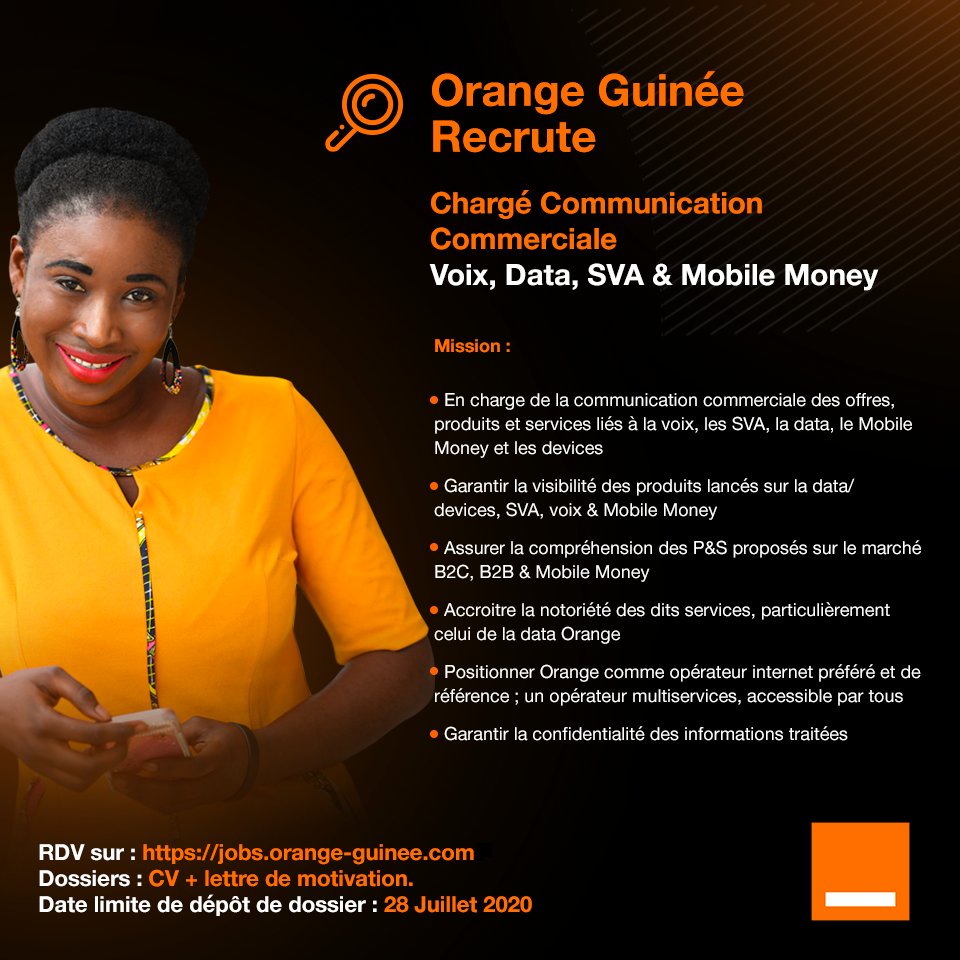 orangeguinee_gn's tweet photo. Orange Guinée Recrute, tentez votre chance en postant votre CV sur le site de #Recrutement 👇 
https://t.co/iSCsMvG7kA 

#OrangeGuinee #OrangeVousAccompagne https://t.co/iBY3OpWhFv