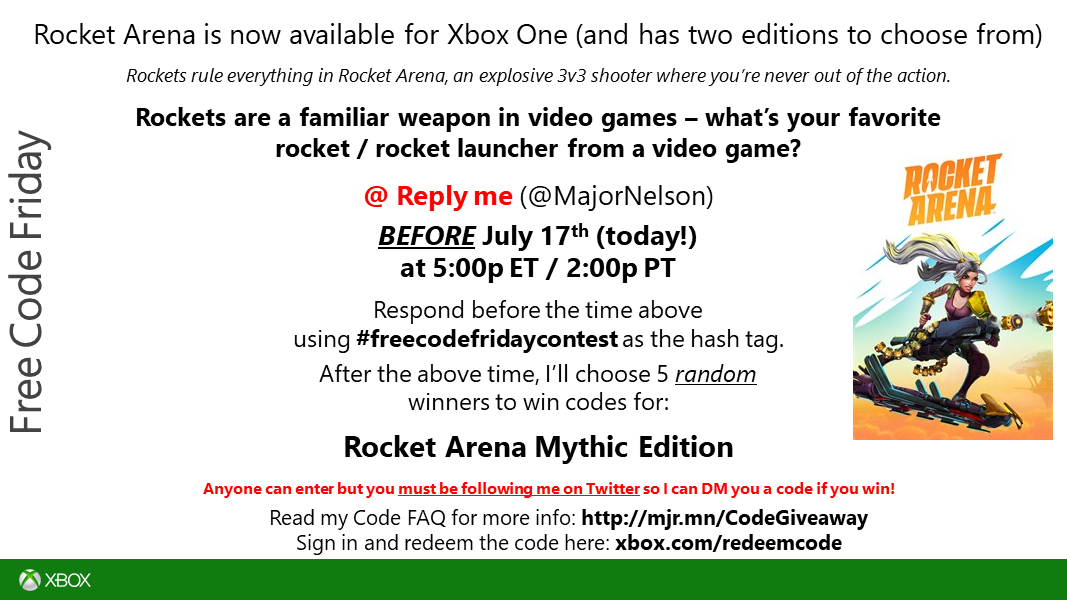 majornelson's tweet photo. #freecodefridaycontest time. Read this and you could win a code for @RocketArena Mythic Edition on Xbox One. Good luck. https://t.co/CBXlTxUXjE