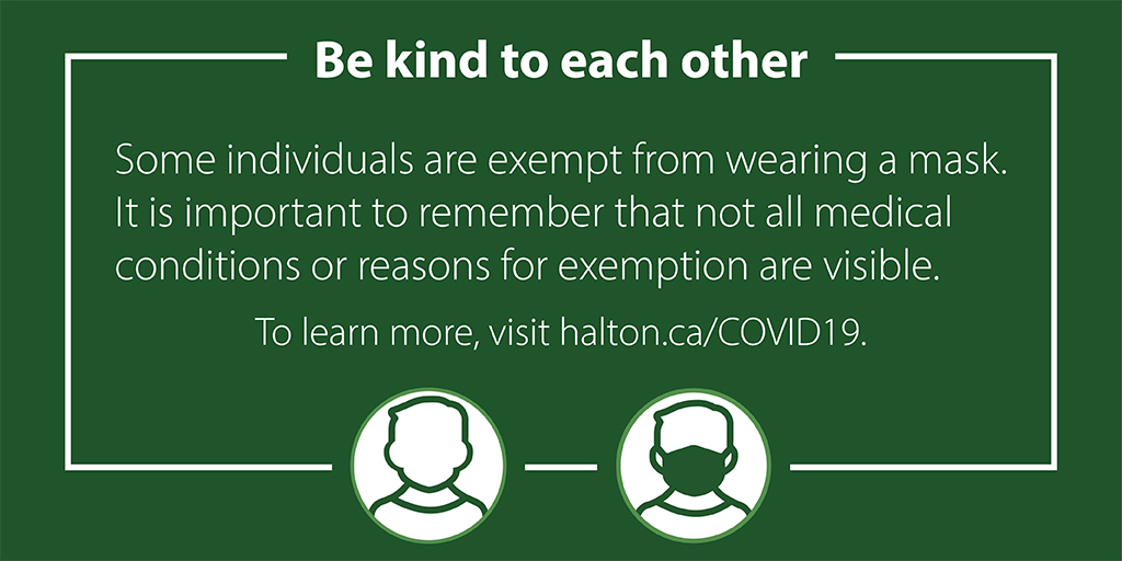 RegionofHalton's tweet image. (1/2) Face coverings or non-medical masks will be mandatory in #HaltonON effective July 22 in certain indoor public places. Some individuals are exempt from the by-law. Not all medical conditions or reasons for mask exemption are visible.