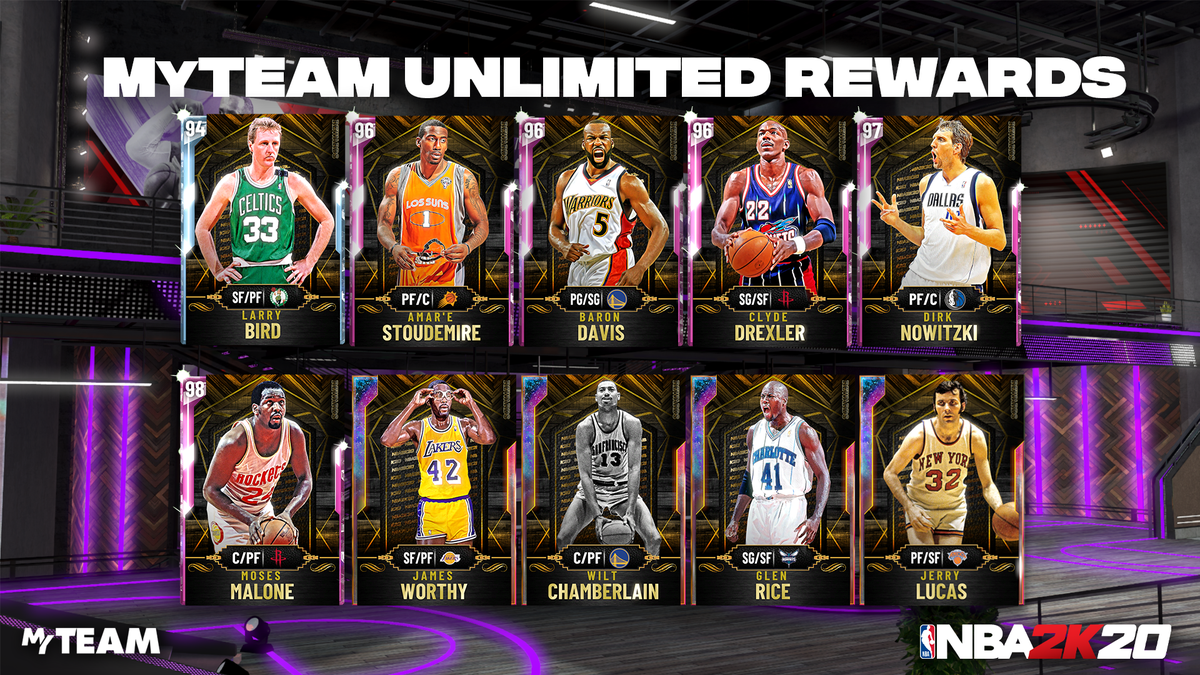 NBA2KMyTEAM's tweet photo. New MyTEAM Unlimited Rewards 🔥

All previous Player of the Month cards are on the board including 💎 Bird, PD Dirk, PD Malone, GO Wilt, GO Rice, and GO Lucas

Available until Monday July 20th https://t.co/VO8EYr9r3a