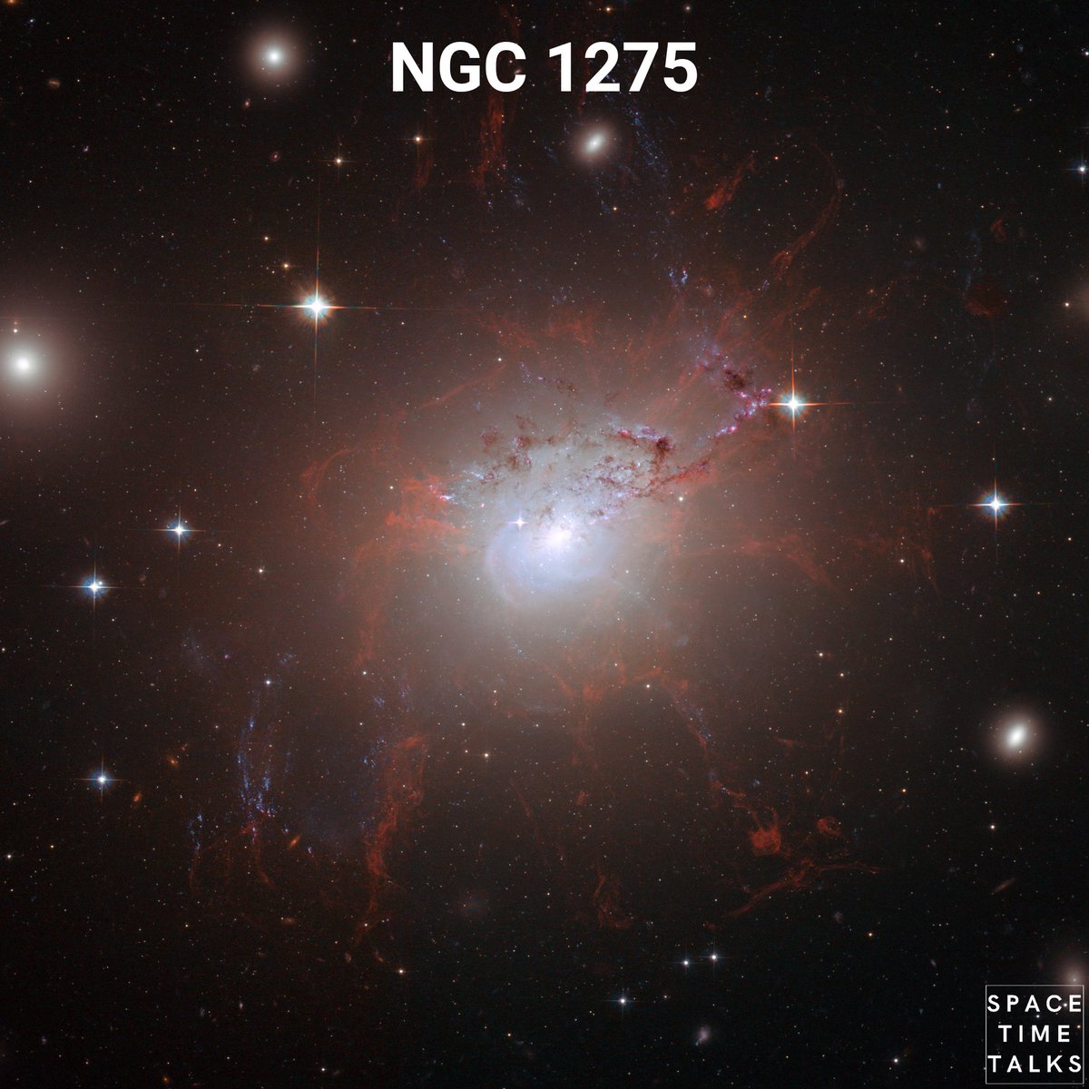 spacetime_talks's tweet photo. NGC 1275 is one of the closest giant elliptical galaxies and lies at the centre of the Perseus Cluster of galaxies. It is an active galaxy, hosting a supermassive black hole at its core, which blows bubbles of radio-wave emitting material into the surrounding cluster gas.
#Hubble https://t.co/BNVc6ekFvg