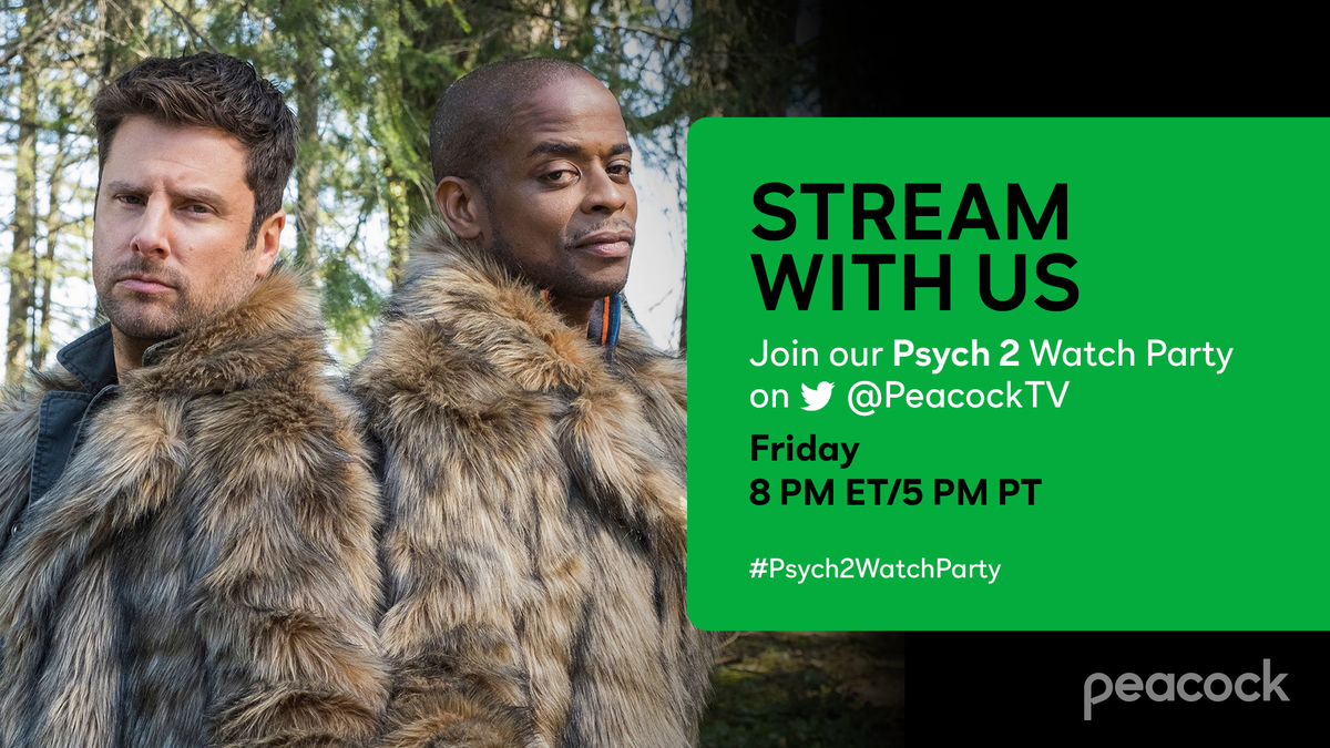 peacock's tweet photo. 🔮 We're having a vision. All the Psych-Os and some VERY SPECIAL GUEST STARS 😉 joining together on Twitter for a #Psych2WatchParty on #PeacockTV tonight at 8 PM ET. https://t.co/s3jGGf6Qfo