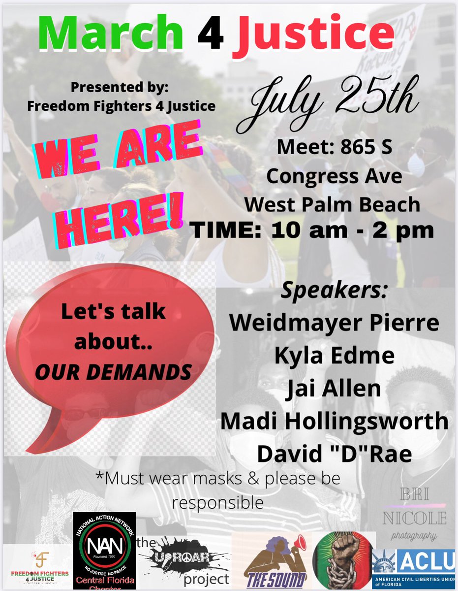 4freedom4justic's tweet photo. To all my people out here in South Florida, let your voices be heard on July 25th! #4F4J #FF4J #4freedom4justice #freedomfighters4justice #blacklivesmatter #blm #wellington #wpb #westpalmbeach #palmbeaches #palmbeach #palmbeachcounty #thepalmbeaches #southflorida #southfl https://t.co/j0LEt7UUCu