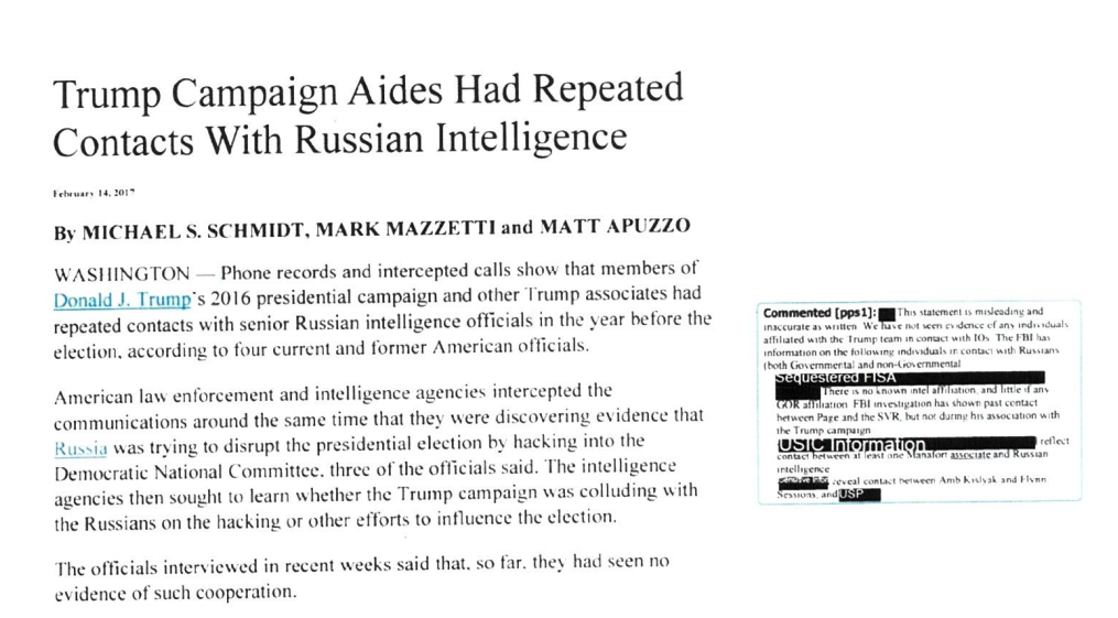New docs - 2/2017 Peter Strzok notes on NYT Trump/Russia reporting.NYT claimed that Trump campaign had repeated contacts w/ senior Russian intelligence officials before election.Strzok: "misleading and inaccurate... no evidence [of this]."Full doc: https://www.scribd.com/document/469507412/Annotated-New-York-Times-Article