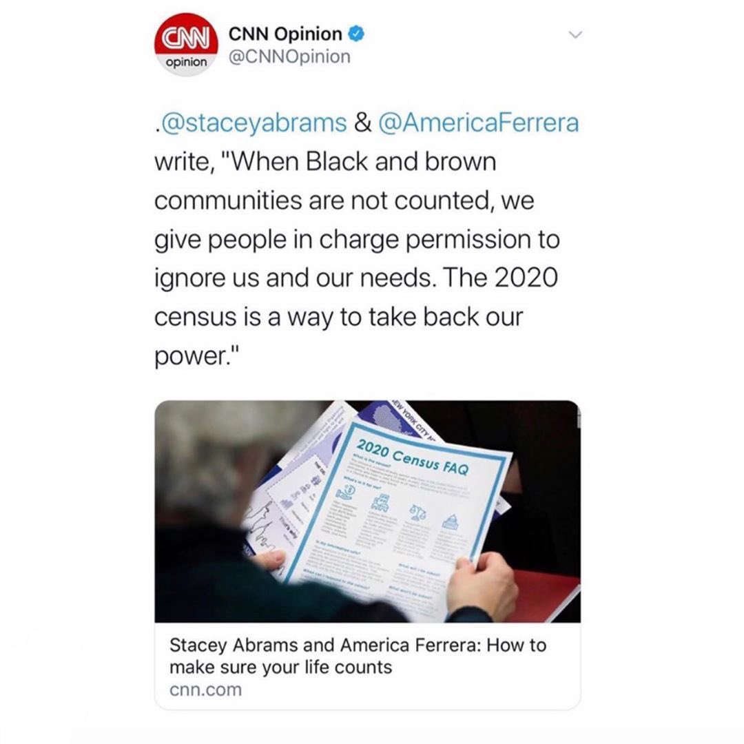 Repost • <a href="/americaferrera/">ia</a> Why is the Census so damn important!?!?! 
Read this article I co-authored with <a href="/staceyabrams/">Stacey Abrams</a> | cnn.it/3h9J1XX 

And fill out the Census today at becountednow.com #BeCounted #2020Census #EverybodyCounts #CountTheNation
