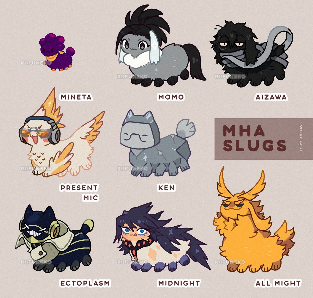 Riifuneko's tweet photo. Class 1-A students and teachers as slug 😊
Which one is your favorite? https://t.co/r2anQBxAhC