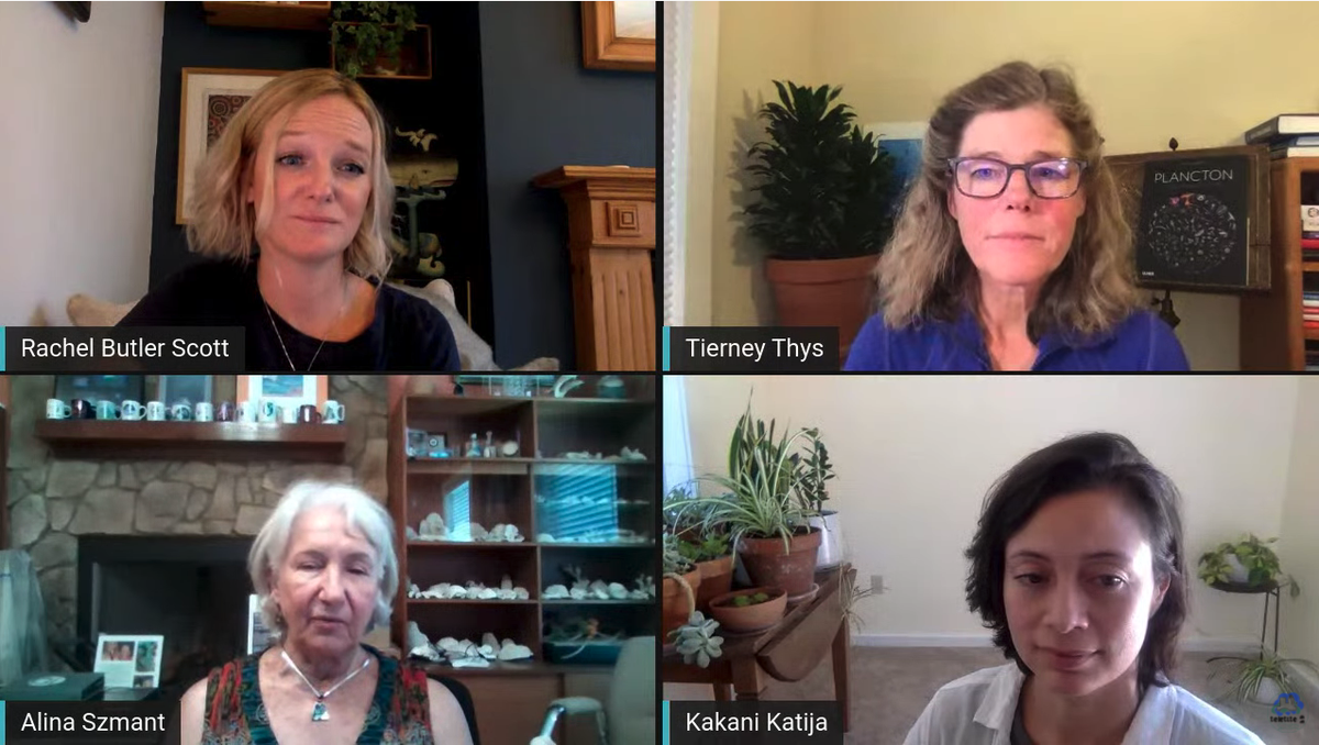 tektite2020's tweet photo. LIVE https://t.co/YibpfZmMm9 Tektite2020 - 4. Stories from the Sea, Dr. @AlinaSzmant,  Dr. @KakaniKatija,  @rachelhbutler with chair Dr. @tierneythys https://t.co/AyYk2Kud6C