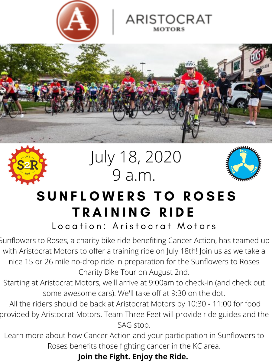 Our second training ride is TOMORROW! Come to Aristocrat Motors to help prepare you for the S2R Bike Tour that is in 16 DAYS! The link to register for Sunflowers to Roses Bike Tour is posted below. We can’t wait to see you tomorrow!
bikereg.com/s2r