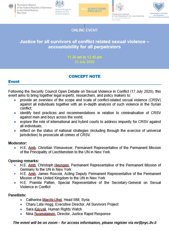 LiechtensteinUN's tweet photo. Join us to a virtual event 22 July 11.30am on #justice for all survivors of conflict-related sexual violence – co-hosted by @GermanyUN @UKUN_NewYork @NorwayUN @AllSurvivorsPro and with @USGSRSGPatten @J_RapidResponse @hrw #IIIM - please register via MR@nyc.llv.li https://t.co/EO1Gq2JoBe