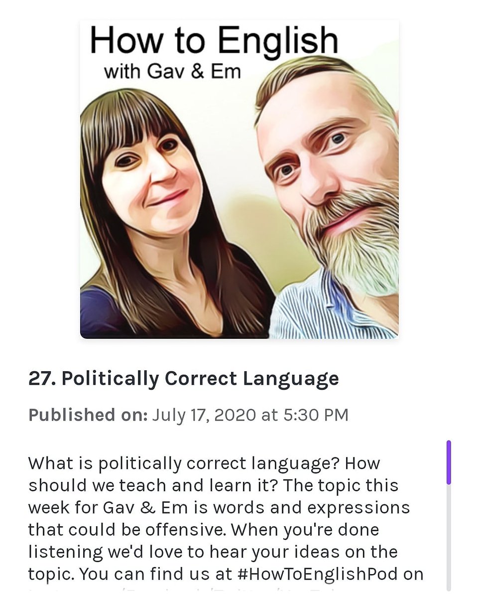 gavinruston's tweet photo. How to English Podcast. Episode 27: Politically Correct Language.
https://t.co/xZWYptxqYY
#teacherpodcast #teacher #teacherlife #teachersfollowteachers #teflteacher #learningenglish #eslteacher #podcast #anchorpodcast #educator #englishteacher #howtoenglishpod #englishpodcast https://t.co/45zi05P4yo