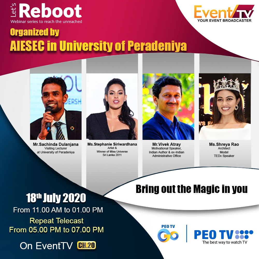 Revolutionist28's tweet photo. Now you can watch 'Let's Reboot' Webinar Session III-'Bring out THE MAGIC in you' which was organized by AIESEC in University of Peradeniya, Sri Lanka in collaboration with AIESEC in Chandigarh, India, on Event TV. 🇱🇰 🌎 🇳🇪 #LetsReboot #AIESEC #AIESECUoP #AIESEC #MissionContinues https://t.co/CBLACBwjIA