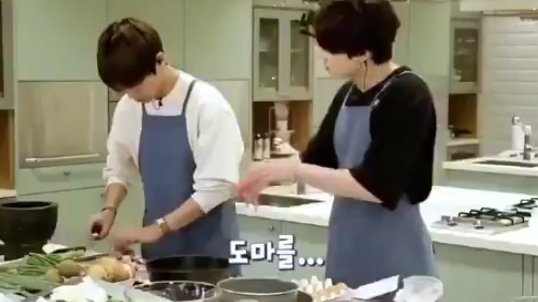 TAEHYUNG near a knife. JUNGKOOK: BE careful with the knife.He really is so protective of him!