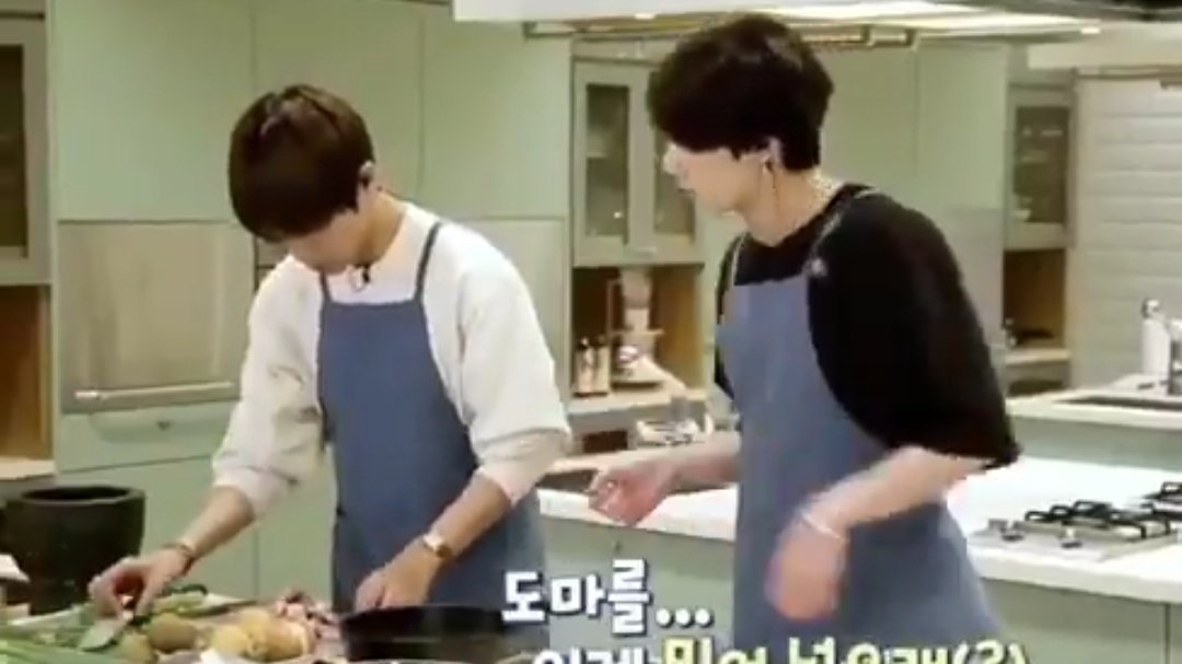 TAEHYUNG near a knife. JUNGKOOK: BE careful with the knife.He really is so protective of him!