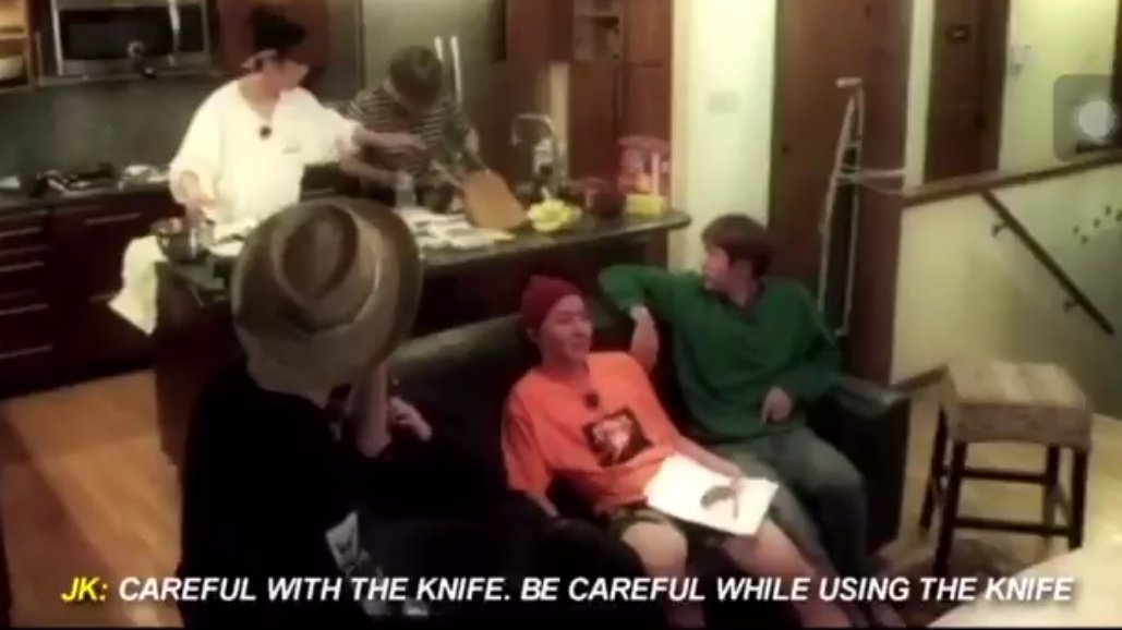 TAEHYUNG near a knife. JUNGKOOK: BE careful with the knife.He really is so protective of him!