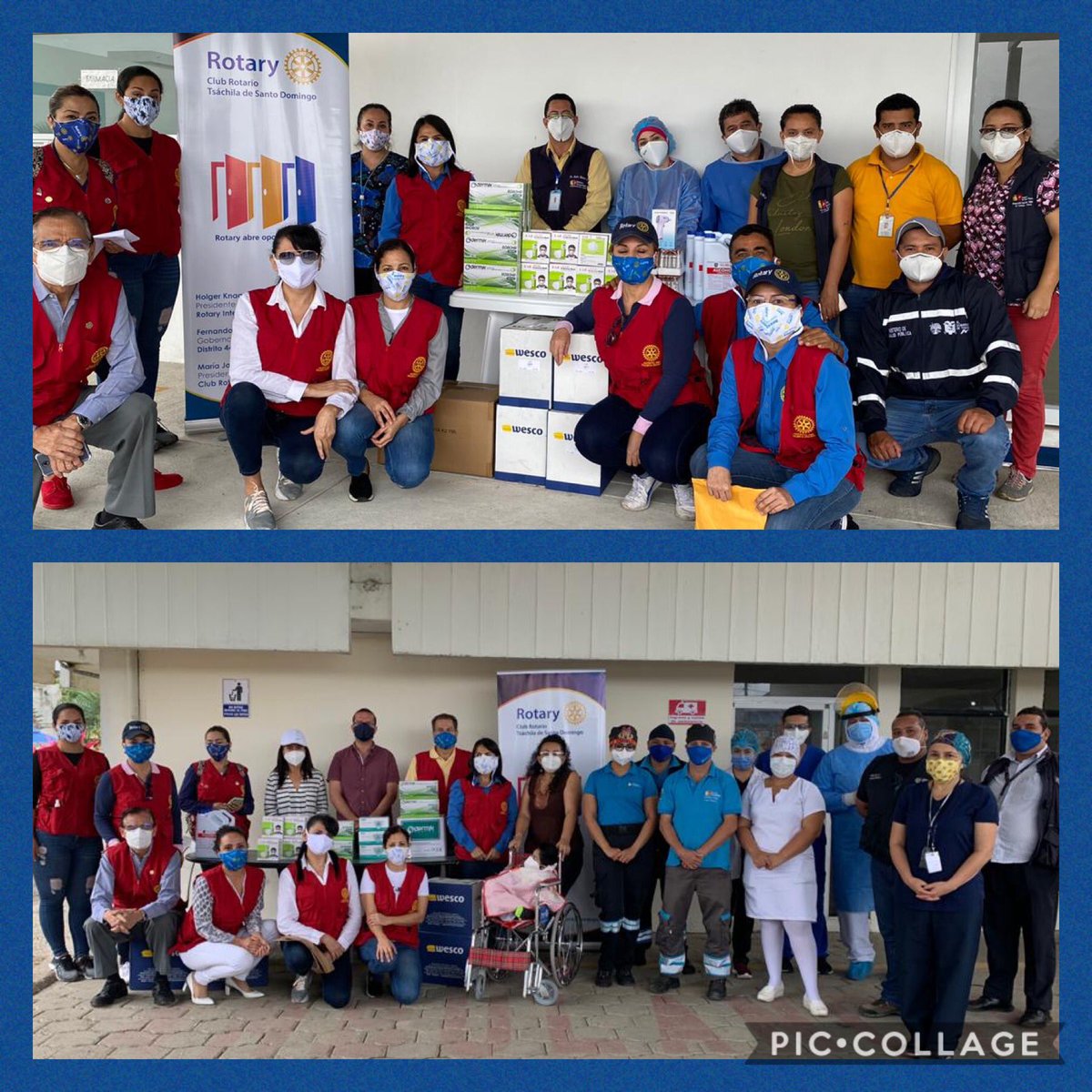 CRTSACHILA's tweet photo. Hoy nuestro CR Tsachila de Santo Domingo se hace presente en el Hospital de El Carmen y en el Centro de Salud de La Concordia, realizando donaciones de insumos médicos indispensables para el personal que enfrenta esta pandemia viral. #rotaryenaccion https://t.co/xwIgkg87Nt