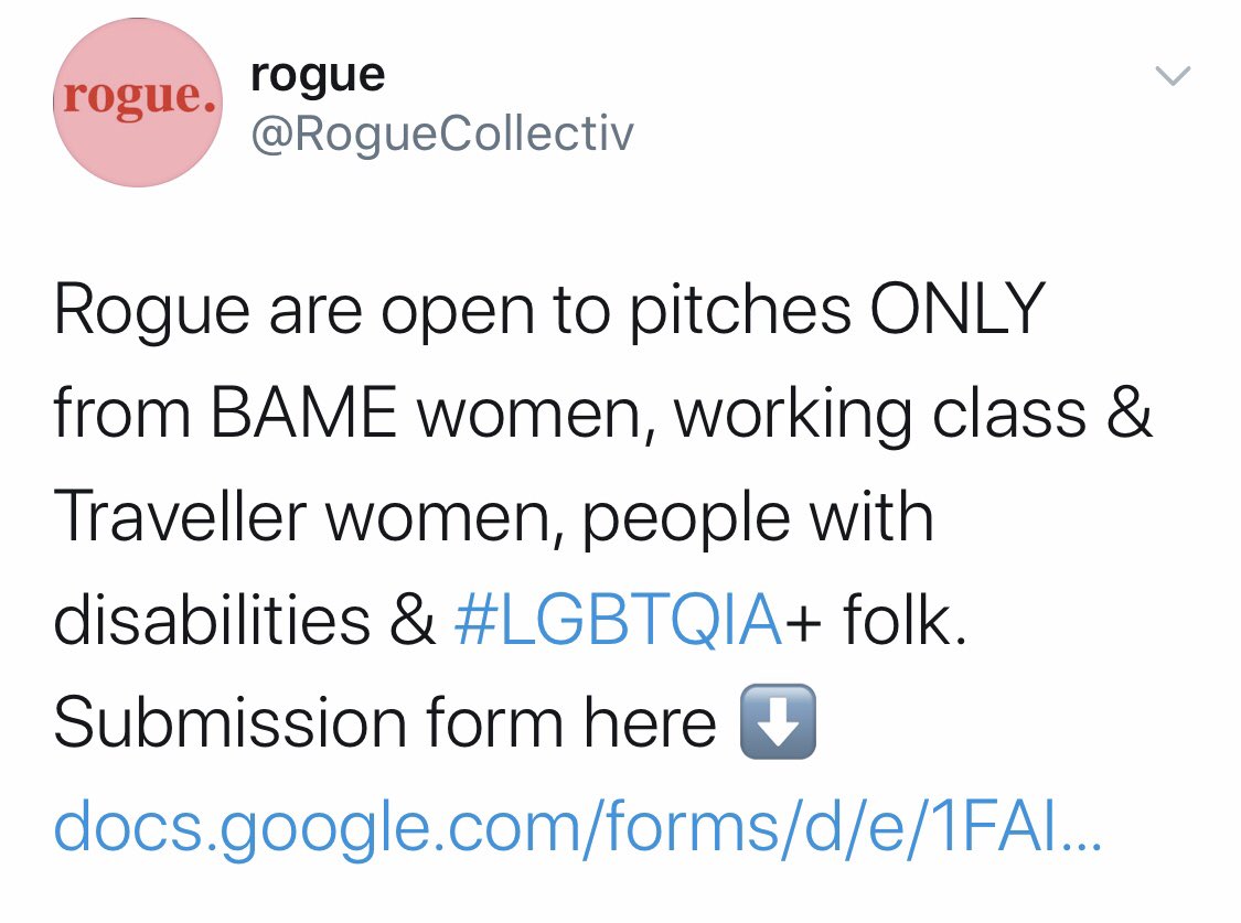 . @RogueCollectiv are looking for pitches from underrepresented writers (including ethnic minority women). They pay €150 for 800+ words. More here:  https://docs.google.com/forms/d/e/1FAIpQLSeKOBuyuSx5FcB_lstBWifGldhVBYSbLc0EUeSz36dXDxvdSQ/viewform