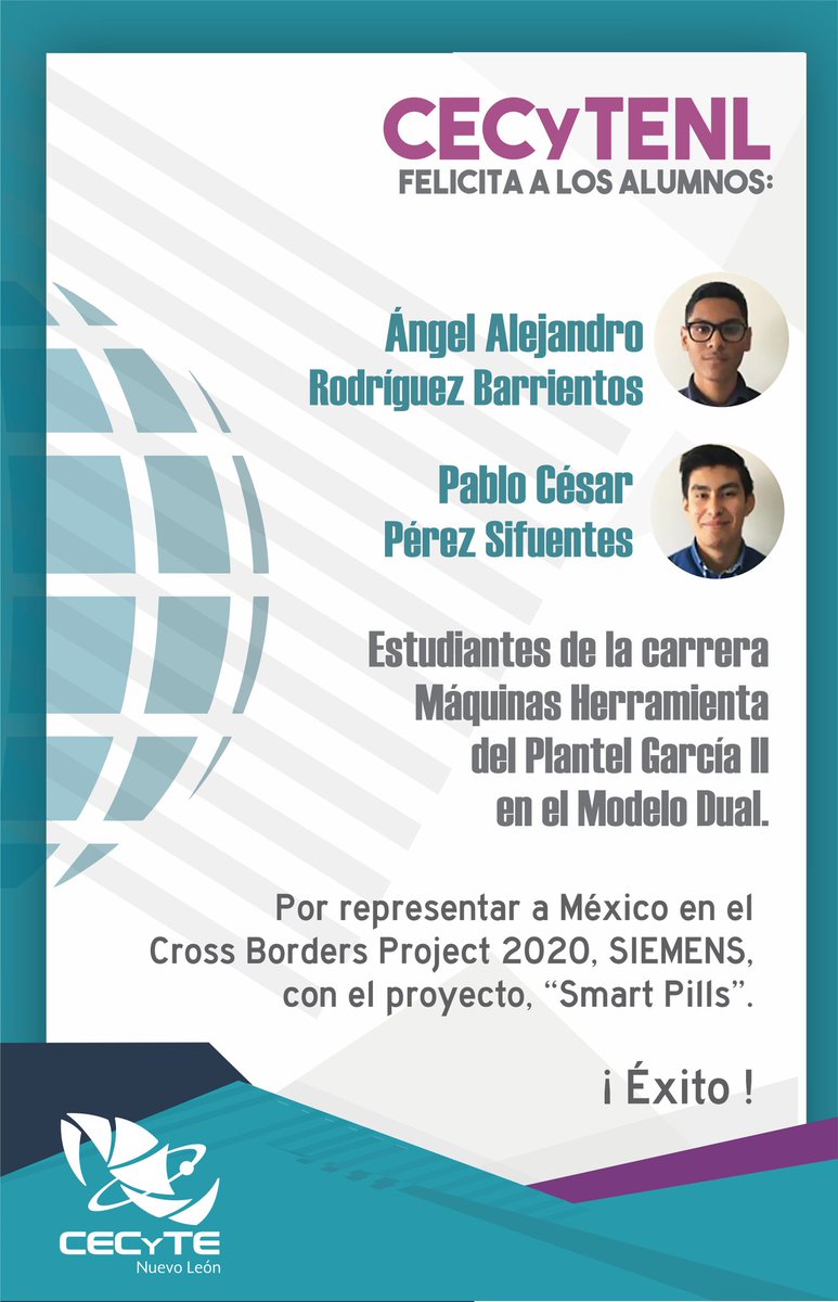 Felicitamos a los alumnos, Ángel  Rodríguez Barrientos y Pablo Pérez Sifuentes, del plantel García II, quienes representan a nuestro país en el proyecto CROSS BORDERS PROJECT.
Nuestro reconocimiento a los alumnos y colaboradores que hacen posible este proyecto.