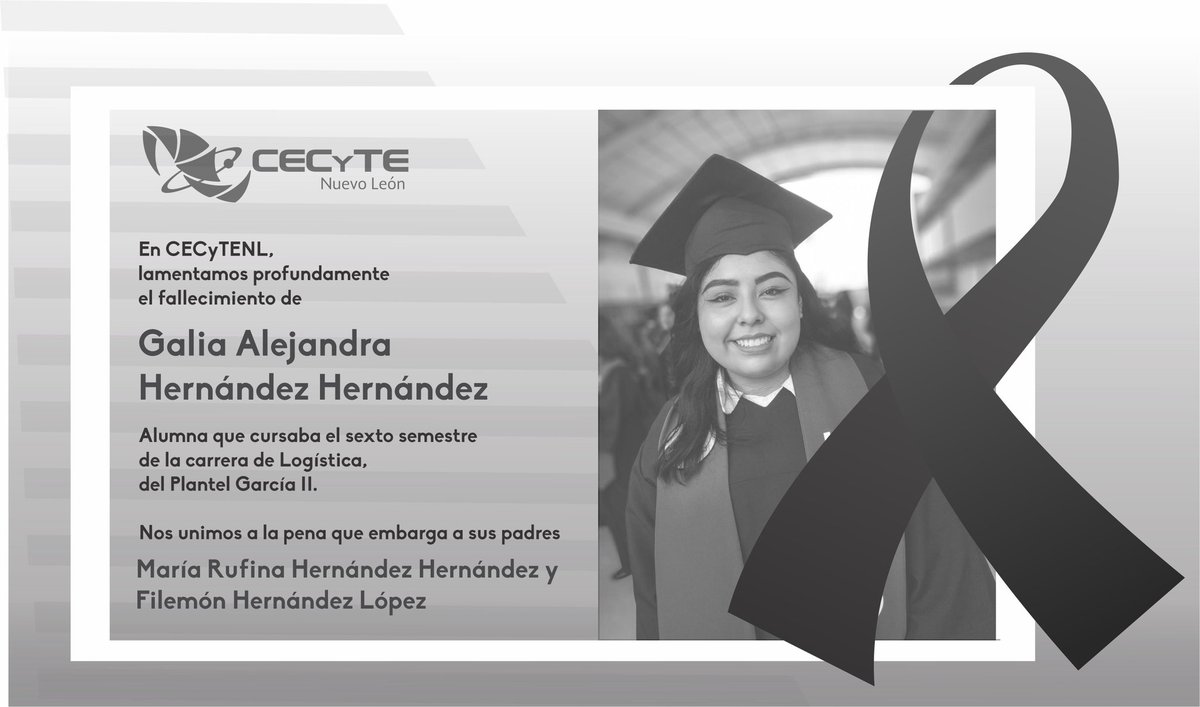 La familia CECyTENL, lamenta con profundo dolor el fallecimiento de la alumna: Galia Alejandra Hernández Hernández, del Plantel García II.
Nos unimos a la pena que embarga a su familia. Les reiteramos nuestro apoyo y las más sinceras condolencias.