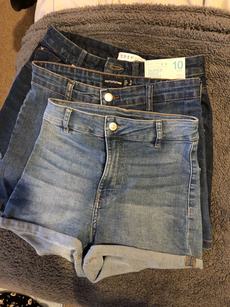 HJSmart_'s tweet photo. Been thinking recently how crap clothes sizes are, they are never accurate and now I’m packing for holiday and I’ve got 3 pairs of demin shorts from 3 different shops but they are all a size 10.... the picture just says it all 🤯🤯 https://t.co/YVk8ed85QX