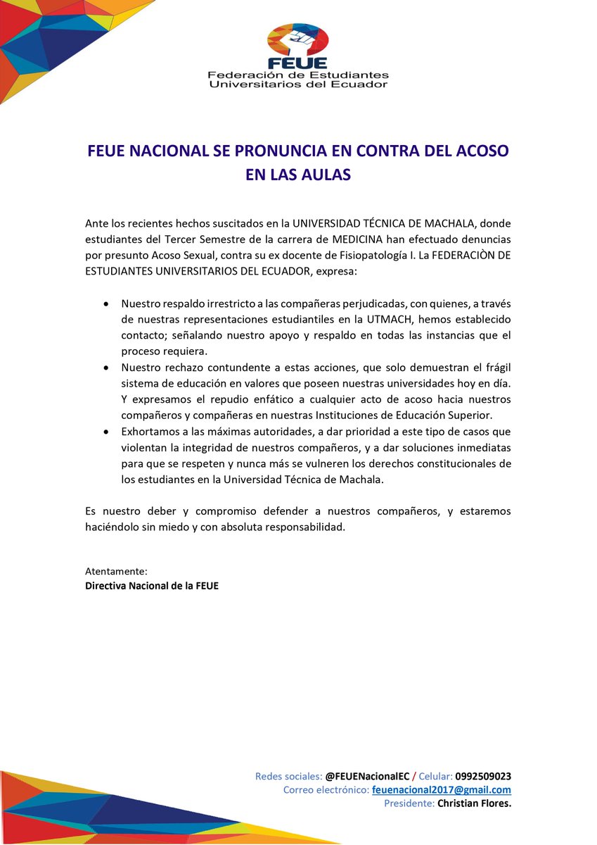 uniprou_ec's tweet photo. #Pronunciamiento

Frente a las denuncias por casos de acoso de las compañeras de la Carrera de Medicina de la UTMACH, nos pronunciamos al respecto. 
Por una U libre de acoso. 

#ContigoSomosFEUE https://t.co/Z0KQig9nxZ