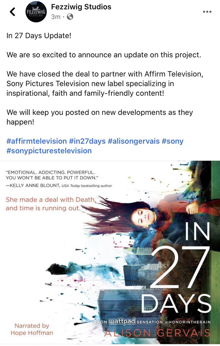 Ally_Gervais's tweet photo. The news is finally here! #In27Days is going to be a TV series! π #Fezziwig #blinkyabooks #sonyaffirm https://t.co/5VXeMMfv1s
