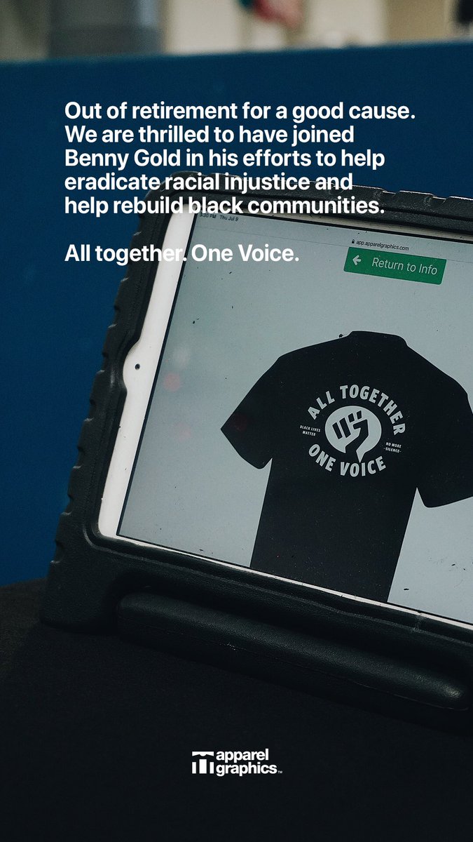 apparelgraphics's tweet photo. Out of retirement for a good cause. We are thrilled to have joined @bennygold in his efforts to help eradicate racial injustice and help rebuild black communities.

All together. One Voice.

#perfectingtheprint #apparelgraphics https://t.co/U7HL2ihInq