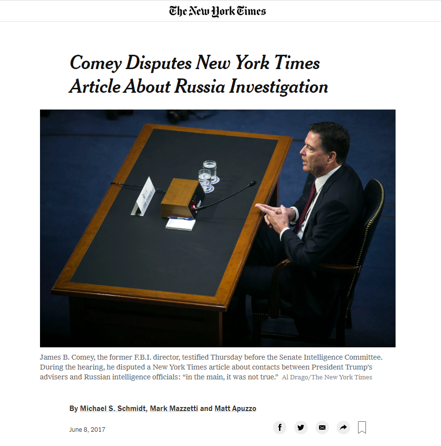 Fascinating to see real-time FBI assessment of inaccurate reporting.Comey also disputed the story in June 2017.Despite Comey denial, NYT stood by their sources: the "current and former" US officials leaking false info.