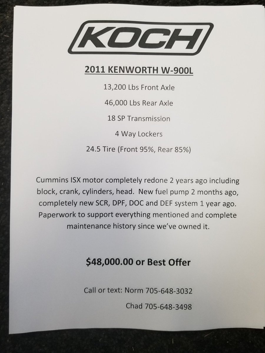 cashcrop10's tweet photo. FOR SALE 2011,Kenworth W-900L.  All information is in pictures. https://t.co/yJsFA37lKK