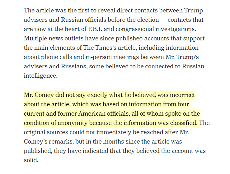 Fascinating to see real-time FBI assessment of inaccurate reporting.Comey also disputed the story in June 2017.Despite Comey denial, NYT stood by their sources: the "current and former" US officials leaking false info.