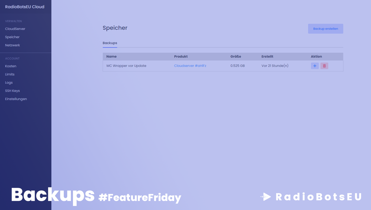 dashservio's tweet photo. 💡 #FeatureFriday
Datensicherungen sind immer wichtig. Daher haben wir nun die häufig angefragte Funktion von Backups in der RadioBots Cloud veröffentlicht.💾
Bist du schon in der DDoS geschützten Highspeed Cloud? https://t.co/CLUV9LLn8Z #DomainFlex https://t.co/on5kVrUIyd