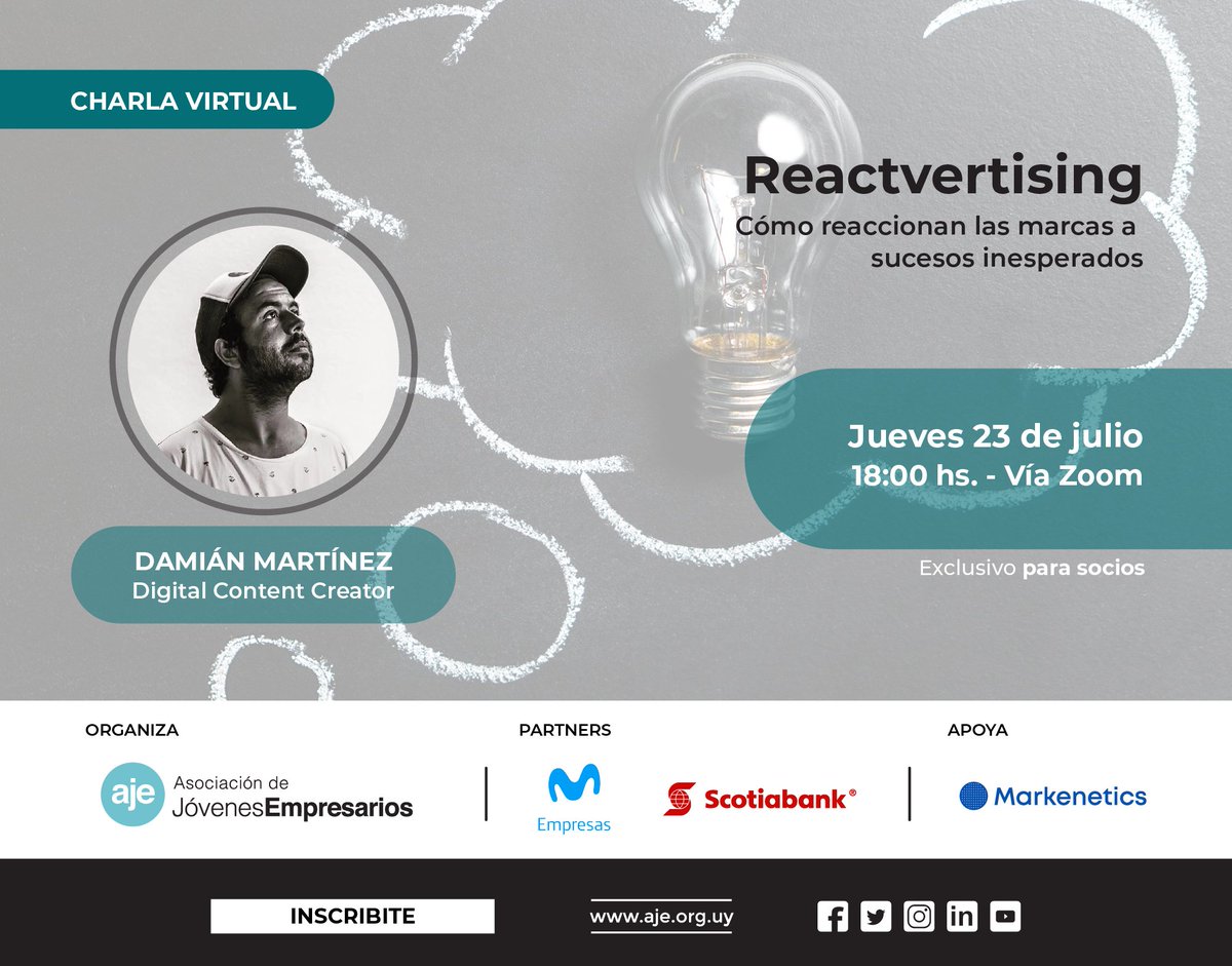 AJEUruguay's tweet photo. ¡El próximo jueves 23/7 a las 18:00 hs. llega la charla #Reactvertising ¿Cómo reaccionan las marcas a sucesos inesperados? a cargo de Damián "Mara" Martínez, Digital Content Creator! La actividad es exclusiva para #socios, por consultas o registro: info@aje.org.uy https://t.co/Bp6S8SBsn8