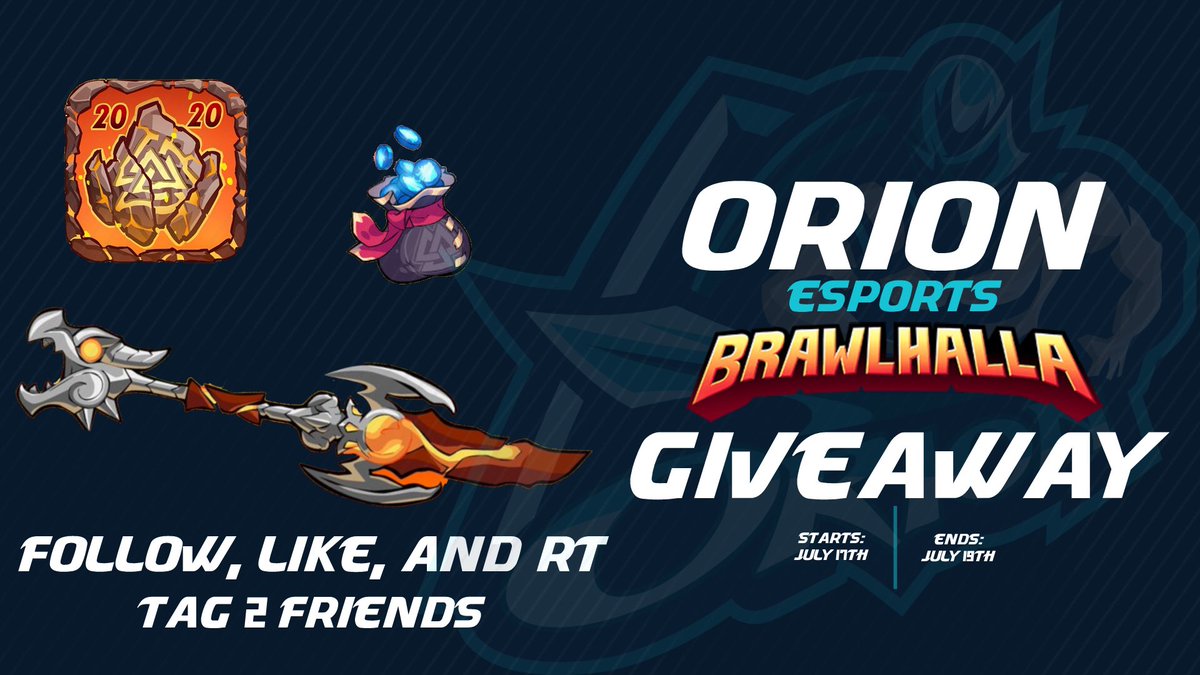 OrionGG's tweet photo. It is time for a @Brawlhalla giveaway and today we will be doing NOT ONE but TWO summer packs. Follow, like, retweet and tag 2 of your friends to enter. Ends tomorrow at 9 pm EST. Make sure you dont miss out.😉 https://t.co/fag5qaXEbO