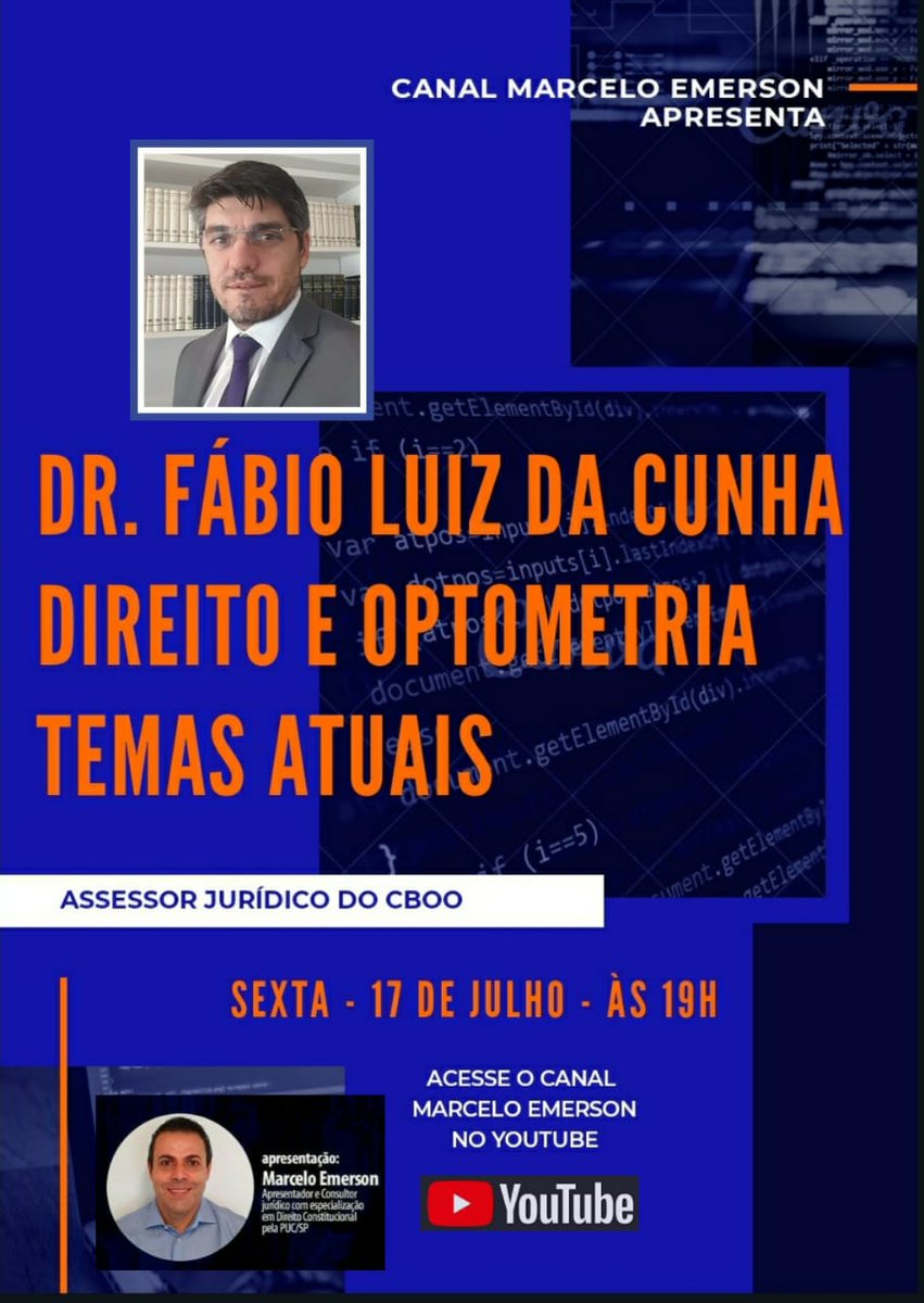 CBOOBrasil's tweet photo. ASSISTA hoje (17) às 19h no canal jurídico do Marcelo Emerson no youtube(https://t.co/LBrNPNgpuW) entrevista do Dr. @fabio_cunha73 , Procurador Jurídico do CBOO sobre Direito e Optometria"

OPTOMETRIA FORTE

O CBOO está com você! Juntos Somos Mais Fortes
.
#cboo #optometria https://t.co/HgbncEsTY7
