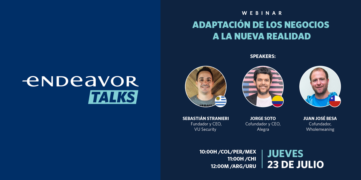 endeavorchile's tweet photo. ¿Cómo las empresas se adaptan a los desafíos que trajo la pandemia? Súmate a la conversación junto a tres emprendedores Endeavor en el primer #webinar "Endeavor Talks Latam"
🗓️Jueves 23 de julio 
🕔11 horas 
¡No te lo pierdas! Regístrate aquí👉https://t.co/Wyd0LHiYGy https://t.co/fAsYMUhveO