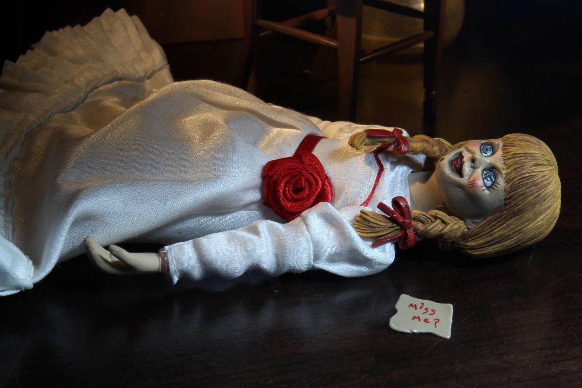 NECA_TOYS's tweet photo. Miss me? Brand new Annabelle 6” figure with real fabric dress and 2 brand new sculpted portraits. Window box packaging that recreates the look of her display case. https://t.co/0K7X5EWwHD