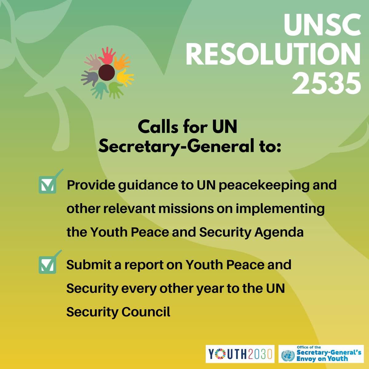 UNYouthAffairs's tweet photo. It’s time to change the #Youth4Peace and Security Agenda from words into action 🙌

To accomplish this, we need:

💫Young people in the driver’s seat
💫Partnerships
💫Commitment from Member States
💫Resources https://t.co/nKoRvvktFH