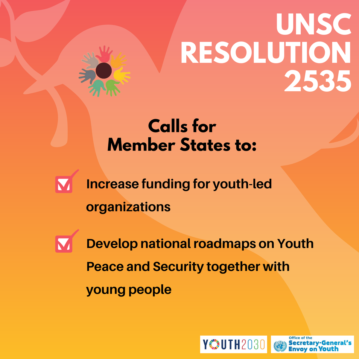 UNYouthAffairs's tweet photo. It’s time to change the #Youth4Peace and Security Agenda from words into action 🙌

To accomplish this, we need:

💫Young people in the driver’s seat
💫Partnerships
💫Commitment from Member States
💫Resources https://t.co/nKoRvvktFH