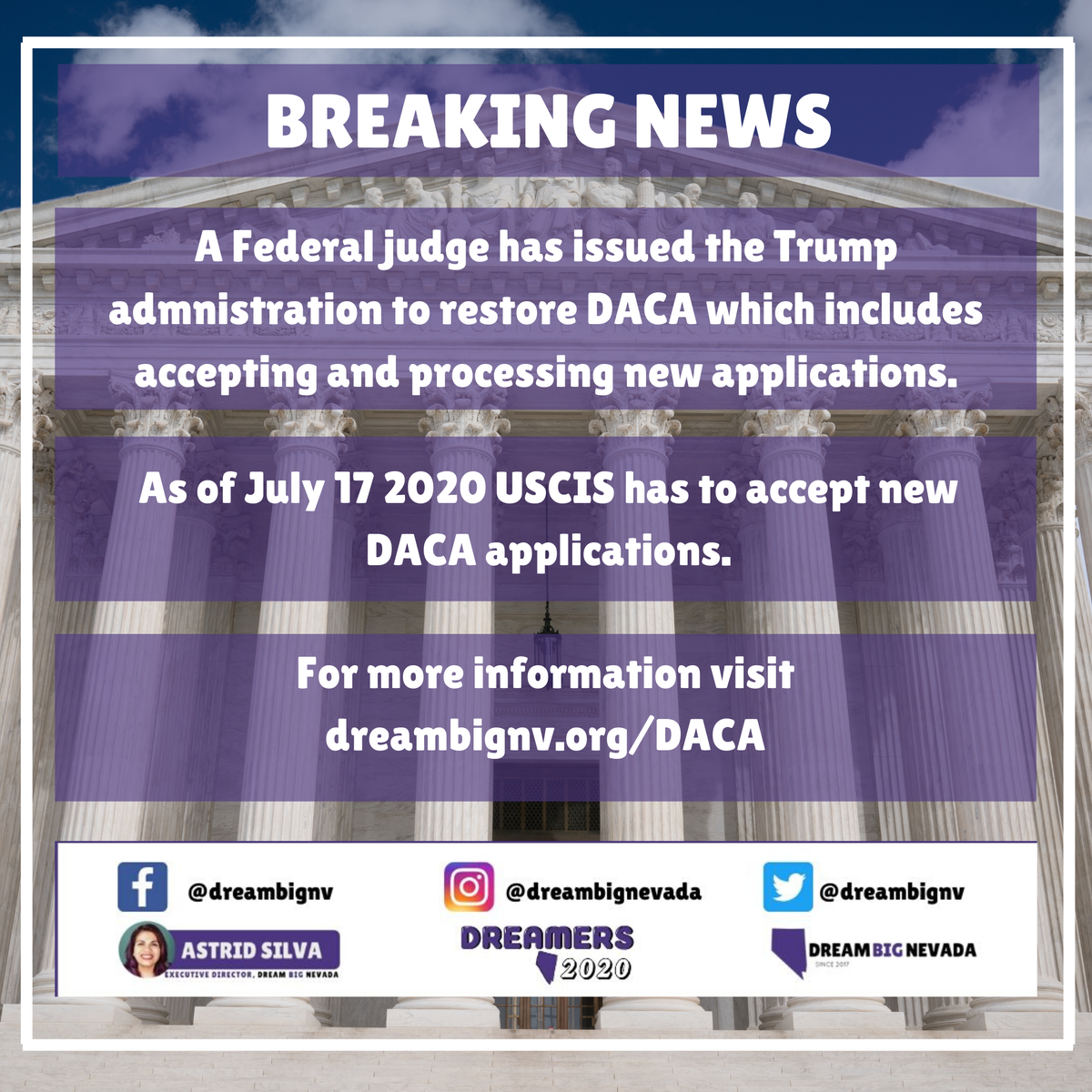 dreambignv's tweet image. BREAKING NEWS: USCIS has been ordered to begin accepting and processing new DACA applications. For more information visit dreambignv.org/DACA