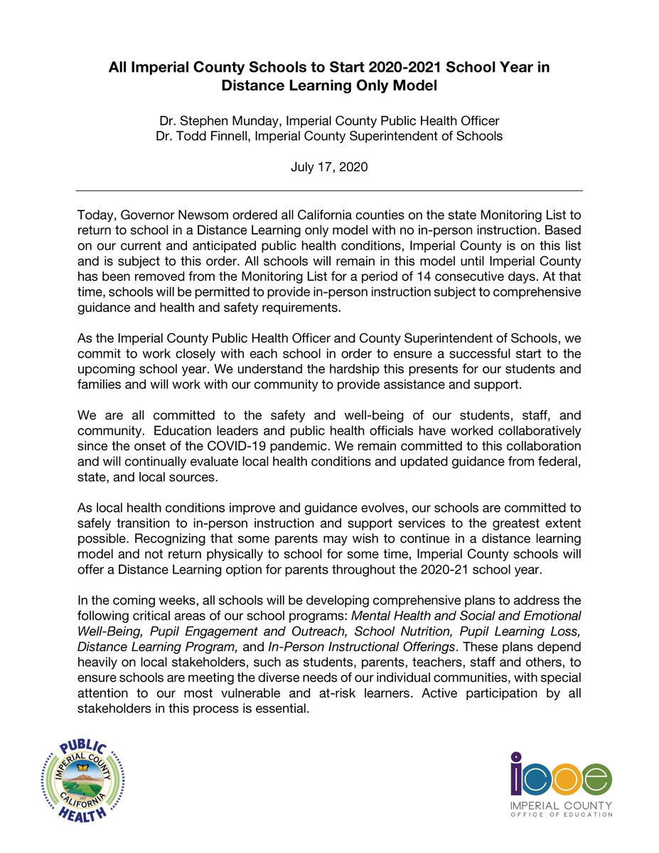 ImperialCOE's tweet photo. All Imperial County Schools to Start 2020-2021 School Year in Distance Learning Only Model - Joint statement from Dr. Stephen Munday, Imperial County Public Health Officer and Dr. Todd Finnell, Imperial County Superintendent of Schools https://t.co/mDo3flkpi1