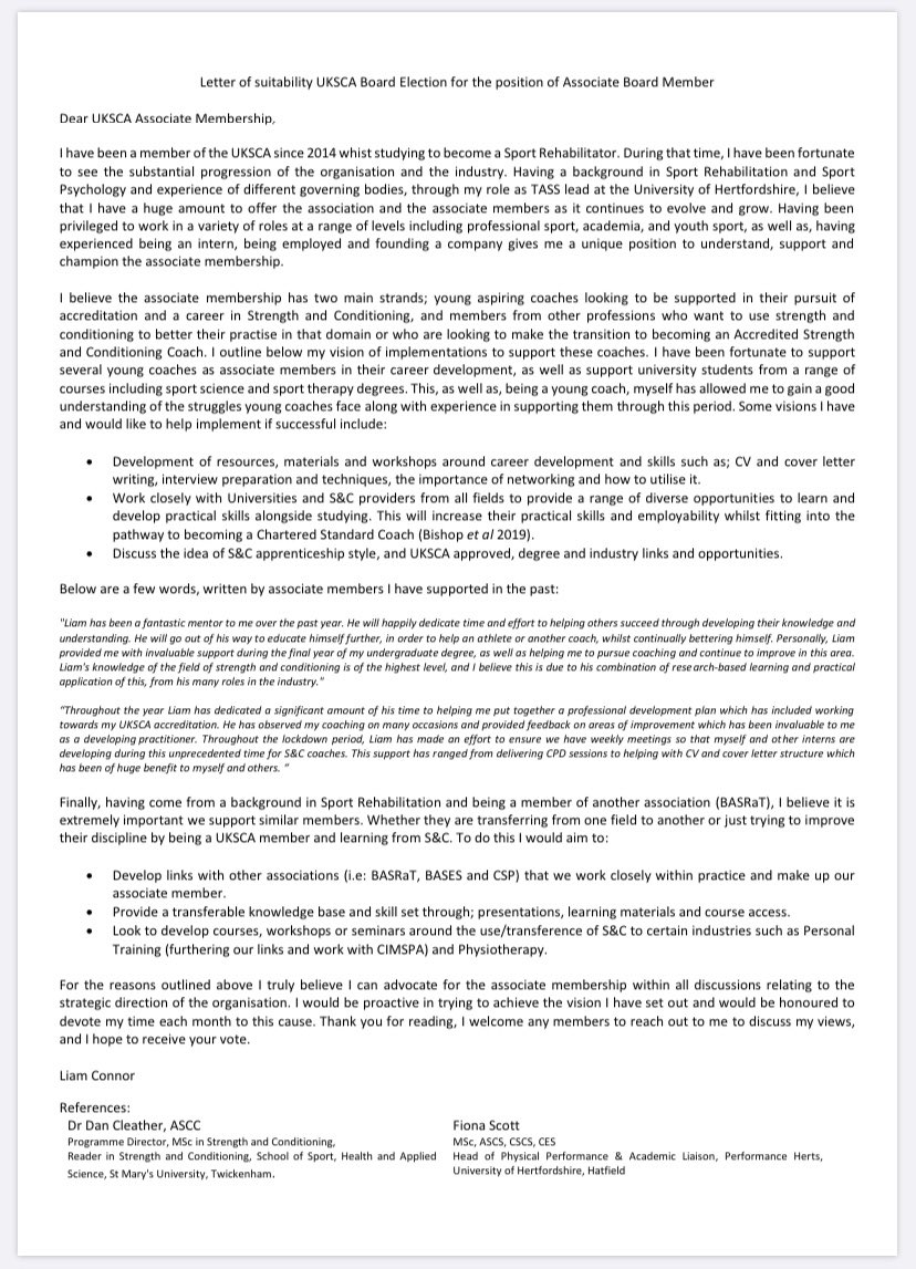 LConnorCoaching's tweet photo. Please see my letter of suitability for running for the @UKSCA Associate Board Member Position. If you have any question please don’t hesitate to reach out. Massive thanks to @fionascott01 and @dr_jump_uk for being my references. Good luck to all the candidates. https://t.co/rKOJ7pNlAD