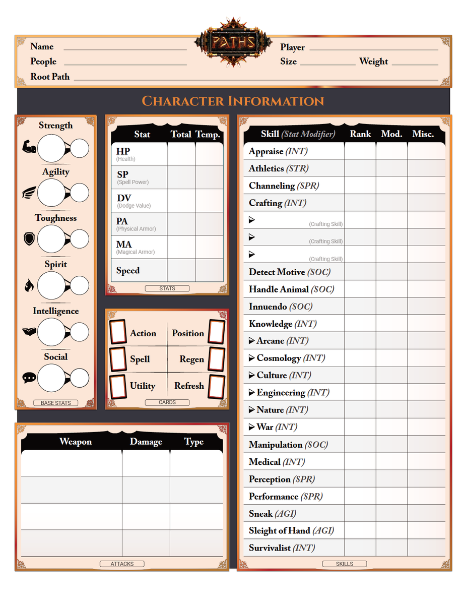 SmunchyGames's tweet image. Wow! @adamcbassett did such a fantastic job on the @PathsRPG character sheets. 🤯🤯🤯🤯 #pathsrpg #ttrpg #rpg #worldbuilding #WritingCommunity