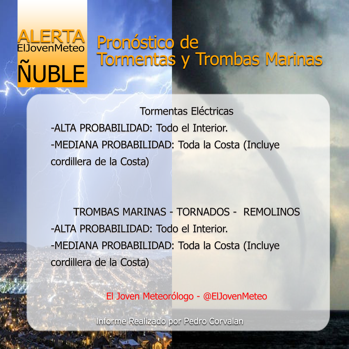ElJovenMeteo's tweet photo. #ALERTA: Tormentas Eléctricas, Trombas Marinas/Tornados y Granizadas podrían afectar mañana entre las Regiones del Maule al Biobío.

No se descartan Chubascos fuertes y rachas de vientos fuertes en algunas zonas !! https://t.co/XHw4Bp9Jyi