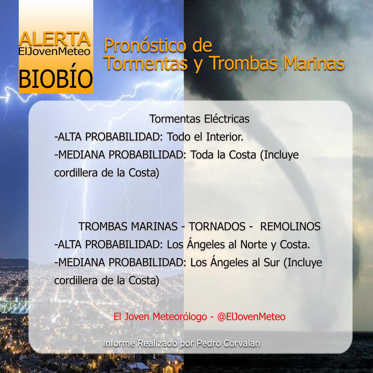 ElJovenMeteo's tweet photo. #ALERTA: Tormentas Eléctricas, Trombas Marinas/Tornados y Granizadas podrían afectar mañana entre las Regiones del Maule al Biobío.

No se descartan Chubascos fuertes y rachas de vientos fuertes en algunas zonas !! https://t.co/XHw4Bp9Jyi
